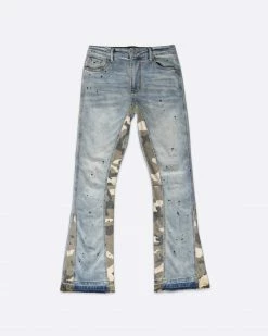 EPTM. NEW ARRIVALS EPTM FLARE DENIM CAMO DETAIL PANTS-DENIM BLUE