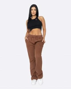 EPTM. BOTTOMS EPTM WOMEN FRENCH TERRY FLARE PANTS-BROWN