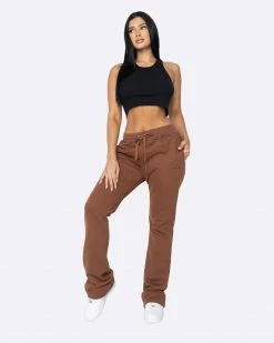 EPTM. BOTTOMS EPTM WOMEN FRENCH TERRY FLARE PANTS-BROWN