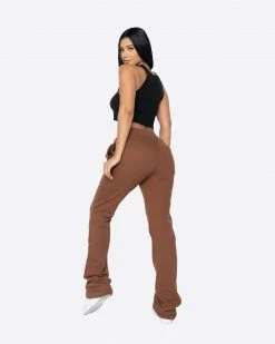 EPTM. BOTTOMS EPTM WOMEN FRENCH TERRY FLARE PANTS-BROWN