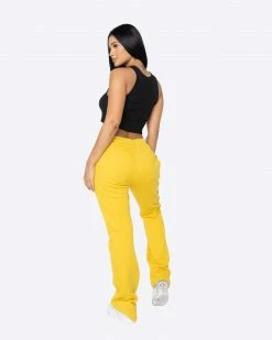 EPTM. EPTM WOMEN FRENCH TERRY FLARE PANTS-MUSTARD BOTTOMS