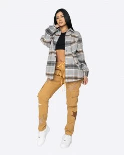 EPTM. EPTM WOMEN SLIT FLANNEL SHIRT-MOHAIR/ALMOND TOPS