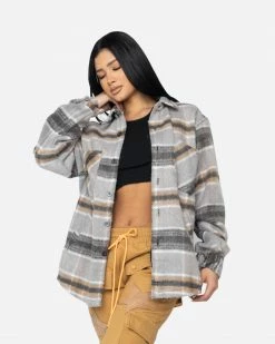 EPTM. EPTM WOMEN SLIT FLANNEL SHIRT-MOHAIR/ALMOND TOPS