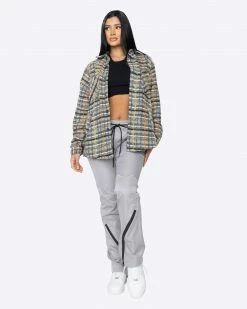 EPTM. EPTM WOMEN SLIT FLANNEL SHIRT-BROWN