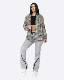 EPTM. EPTM WOMEN SLIT FLANNEL SHIRT-BROWN