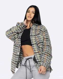 EPTM. EPTM WOMEN SLIT FLANNEL SHIRT-BROWN