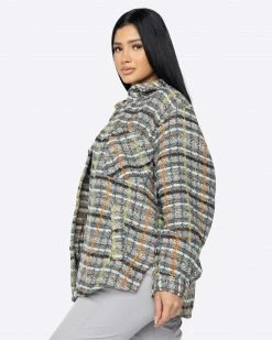 EPTM. EPTM WOMEN SLIT FLANNEL SHIRT-BROWN