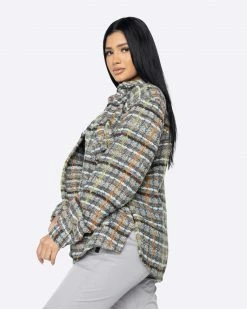 EPTM. EPTM WOMEN SLIT FLANNEL SHIRT-BROWN