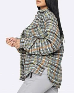 EPTM. EPTM WOMEN SLIT FLANNEL SHIRT-BROWN