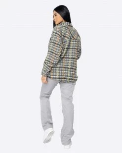 EPTM. EPTM WOMEN SLIT FLANNEL SHIRT-BROWN