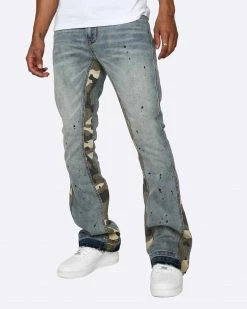 EPTM. NEW ARRIVALS EPTM FLARE DENIM CAMO DETAIL PANTS-DENIM BLUE