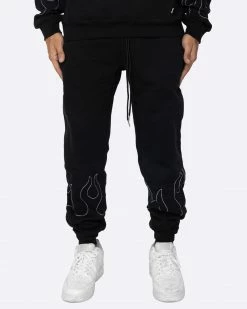 EPTM. EPTM HAND STITCHED FLAME SWEATPANTS-BLACK/WHITE SWEATS