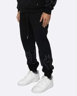 EPTM. EPTM HAND STITCHED FLAME SWEATPANTS-BLACK/WHITE SWEATS