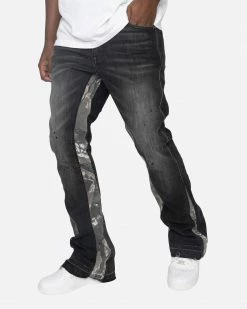 EPTM. EPTM FLARE DENIM CAMO DETAIL PANTS-DENIM BLACK