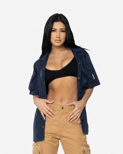 EPTM. EPTM WOMEN SNAP BUTTON SHIRT-NAVY