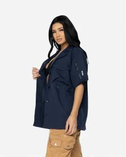 EPTM. EPTM WOMEN SNAP BUTTON SHIRT-NAVY